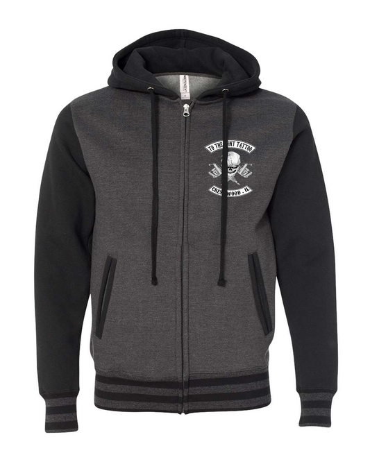 To The Point Tattoo "OG" Heavyweight Varsity Full Zip Hoodie - Charcoal/Blk