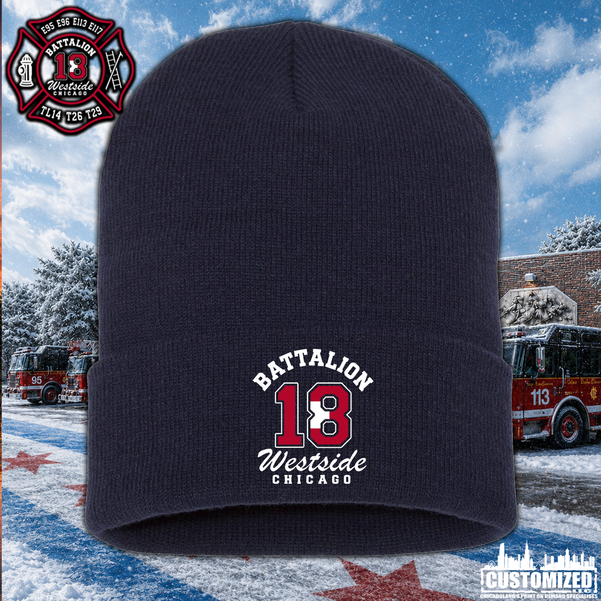 CFD Batt 18 Embroidered 12" Cuffed Beanie - Navy