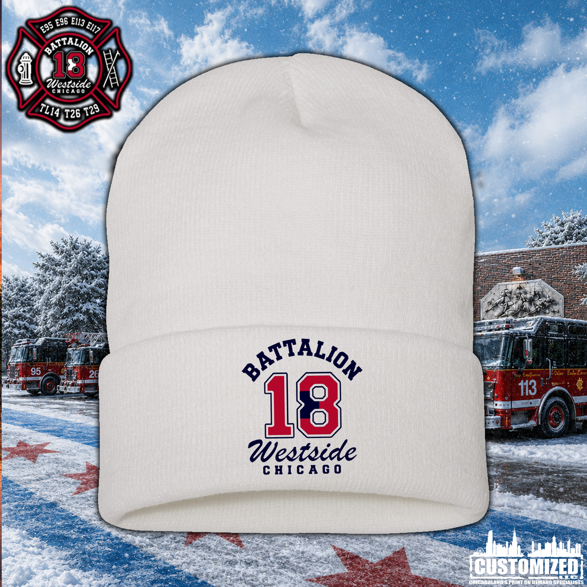 CFD Batt 18 Embroidered 12" Cuffed Beanie - White