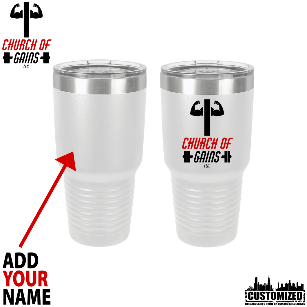 Church of Gains 30oz Stainless Steel Tumbler - White