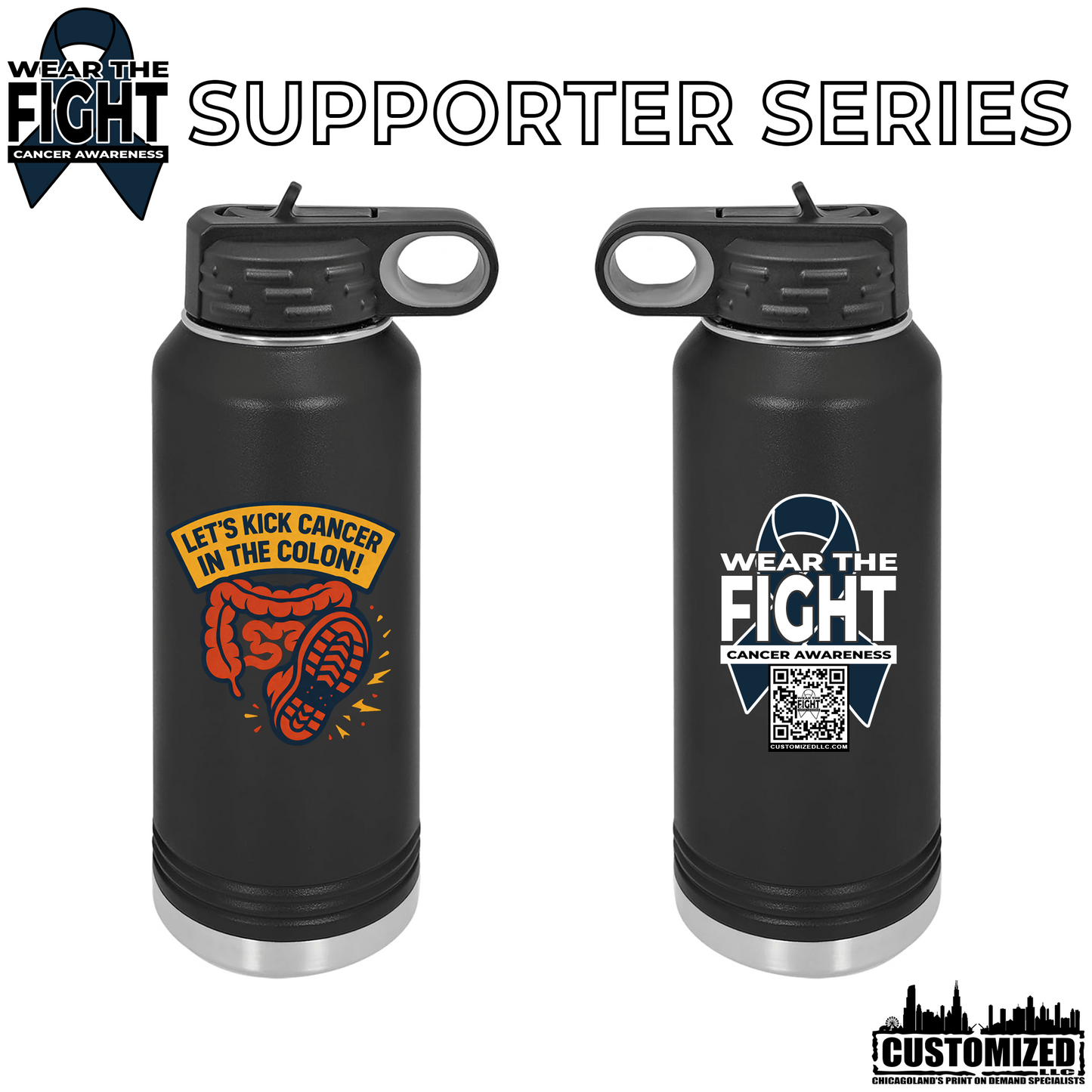 Let's Kick Cancer in the Colon 32oz. Stainless Steel Water Bottle - Black