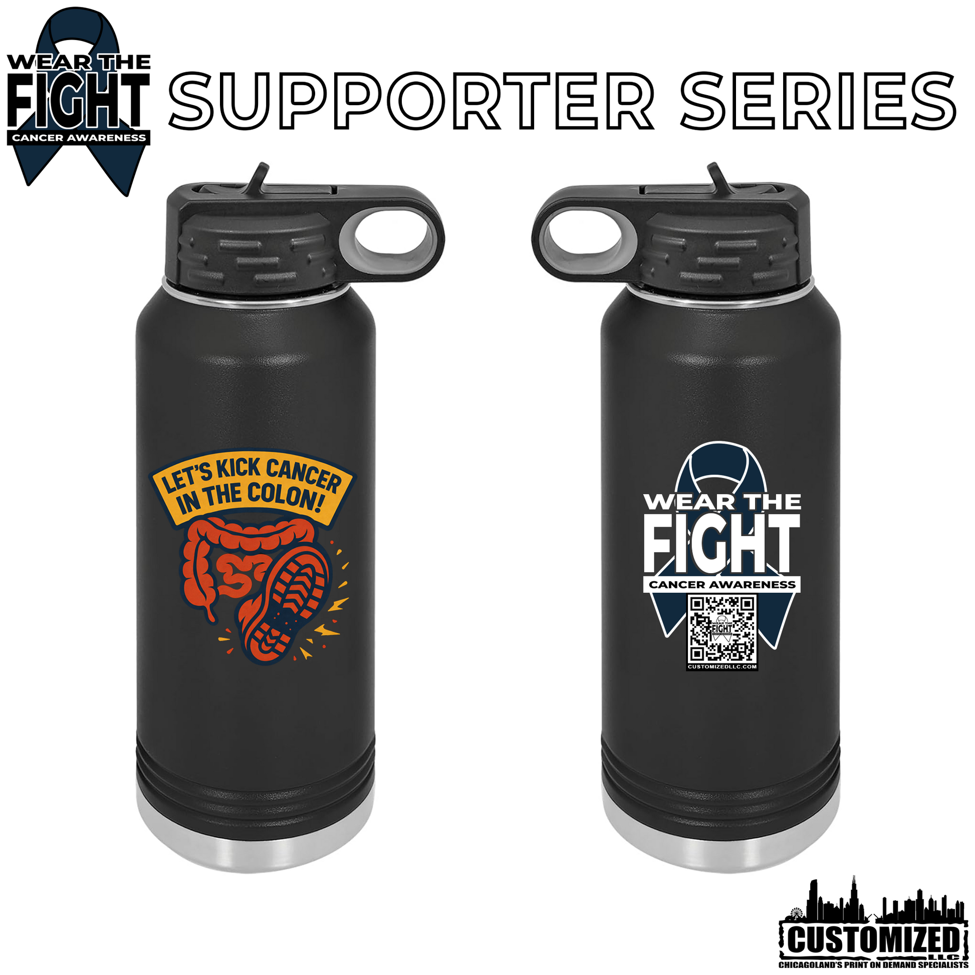 Let's Kick Cancer in the Colon 32oz. Stainless Steel Water Bottle - Black