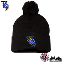 TK9 Embroidered 12" Cuffed Pom-Pom Beanie - Black