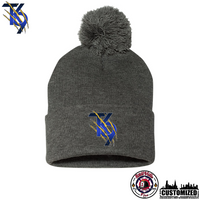 TK9 Embroidered 12" Cuffed Pom-Pom Beanie - Dark Heather Grey