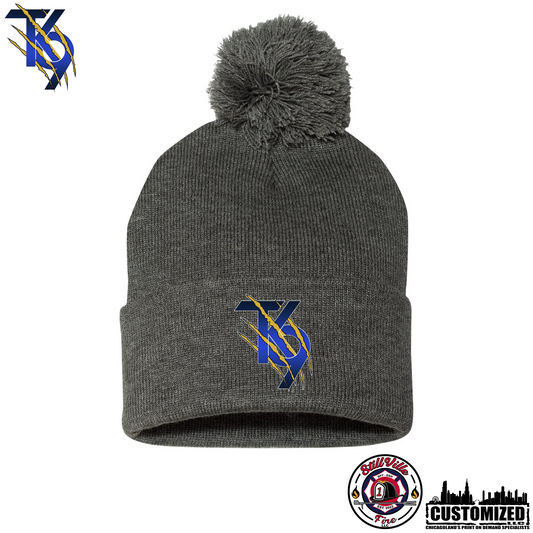 TK9 Embroidered 12" Cuffed Pom-Pom Beanie - Dark Heather Grey