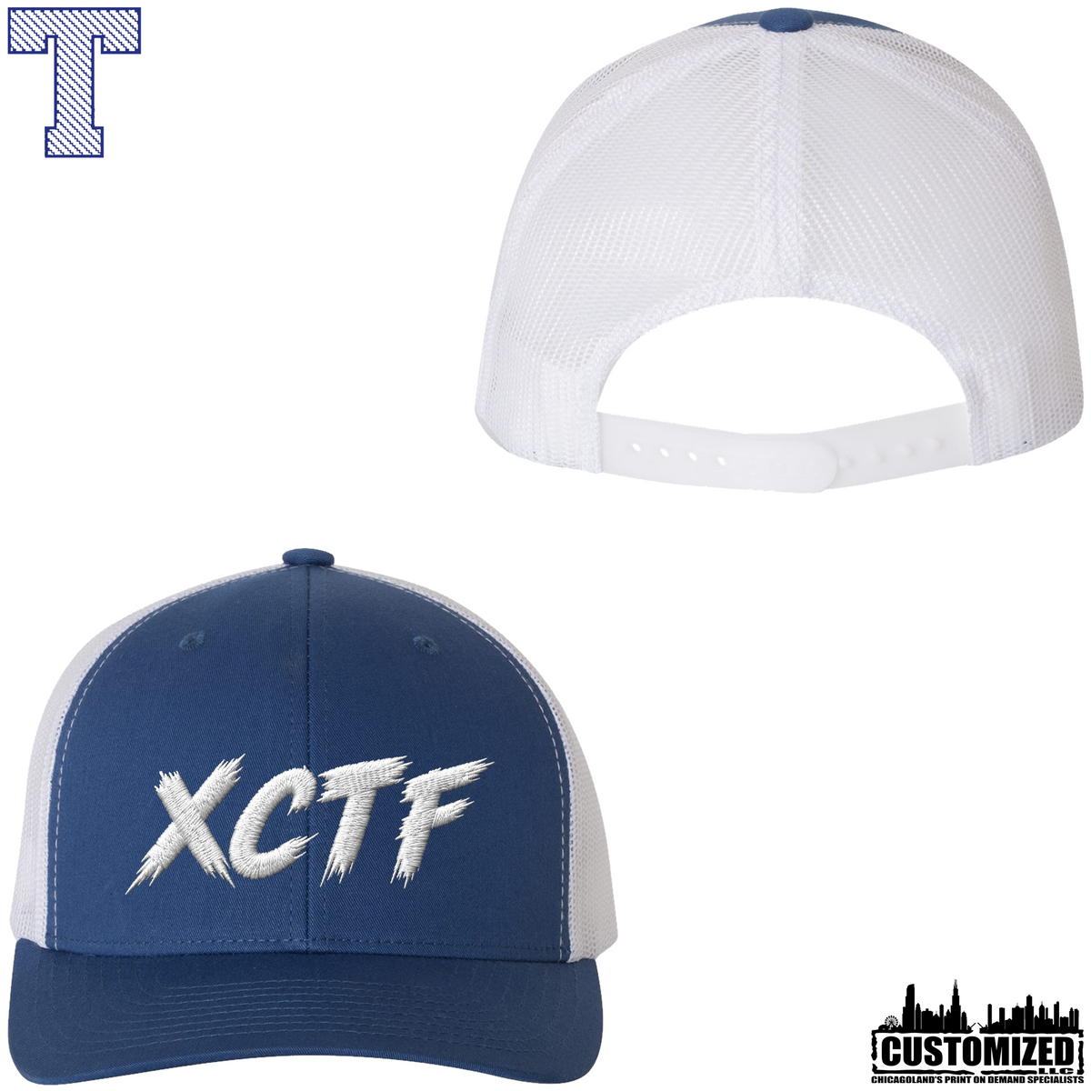 Taft CC Embroidered Trucker Cap "Style2" - Royal/White, front and adjustable mesh back