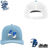 The Lewter Shark Embroidered Trucker Cap - Carolina Blue/White front and back product mockup