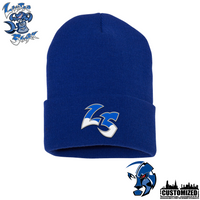 The Lewter Shark Embroidered 12" Cuffed Beanie - Royal front and back product mockup