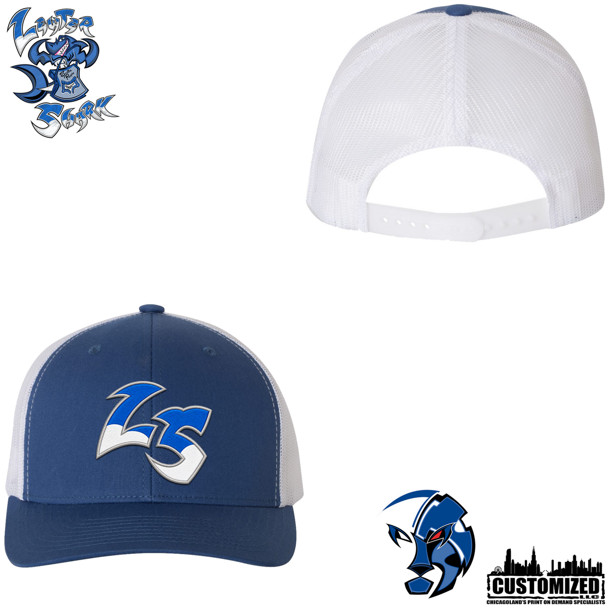 The Lewter Shark Embroidered Trucker Cap - Royal/White front and back product mockup
