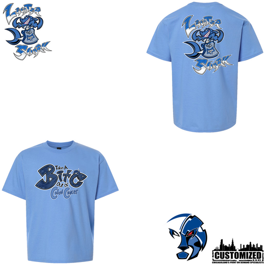 The Lewter Shark YOUTH T-shirt - Carolina Blue, front and back mockup