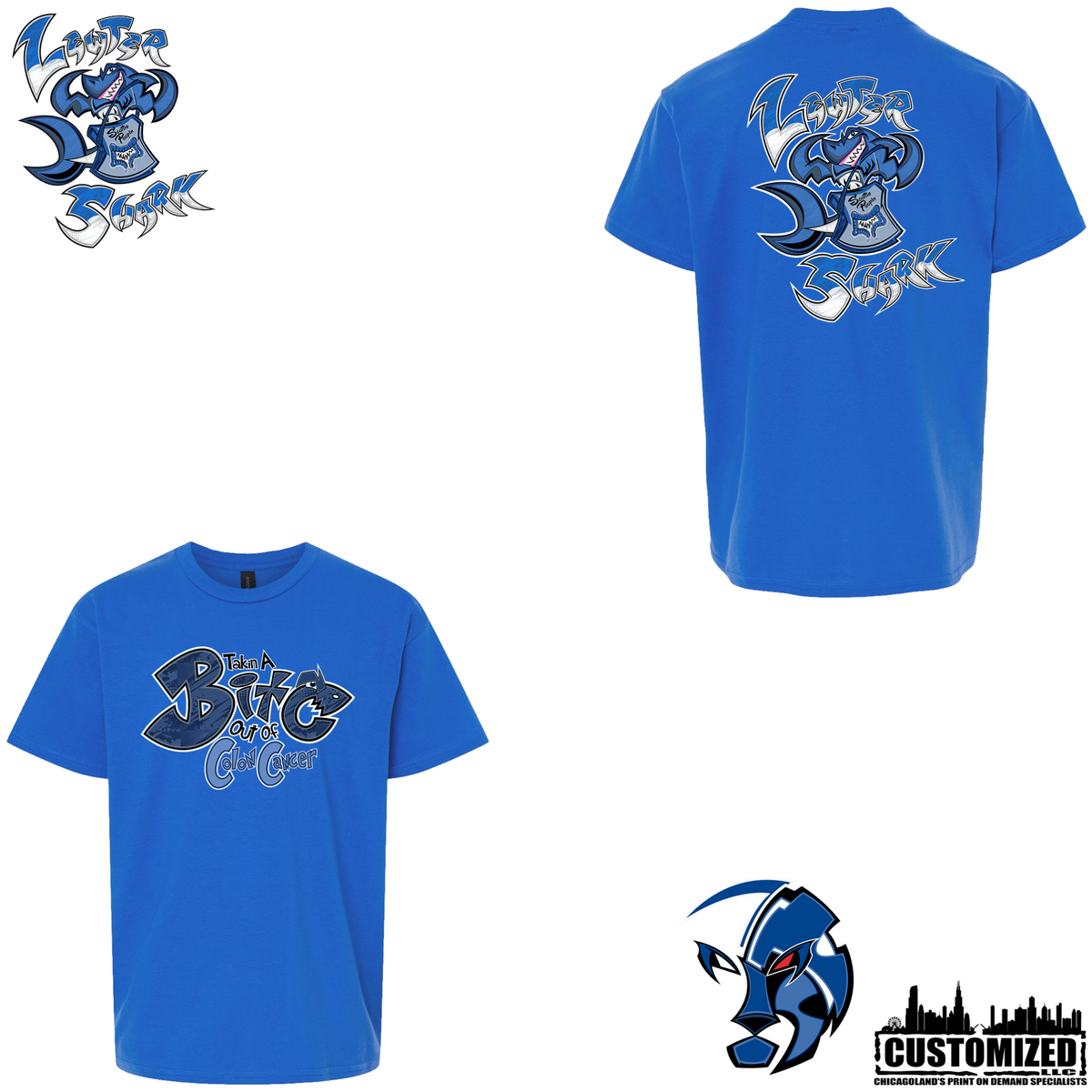 The Lewter Shark YOUTH T-shirt - Royal, front and back mockup