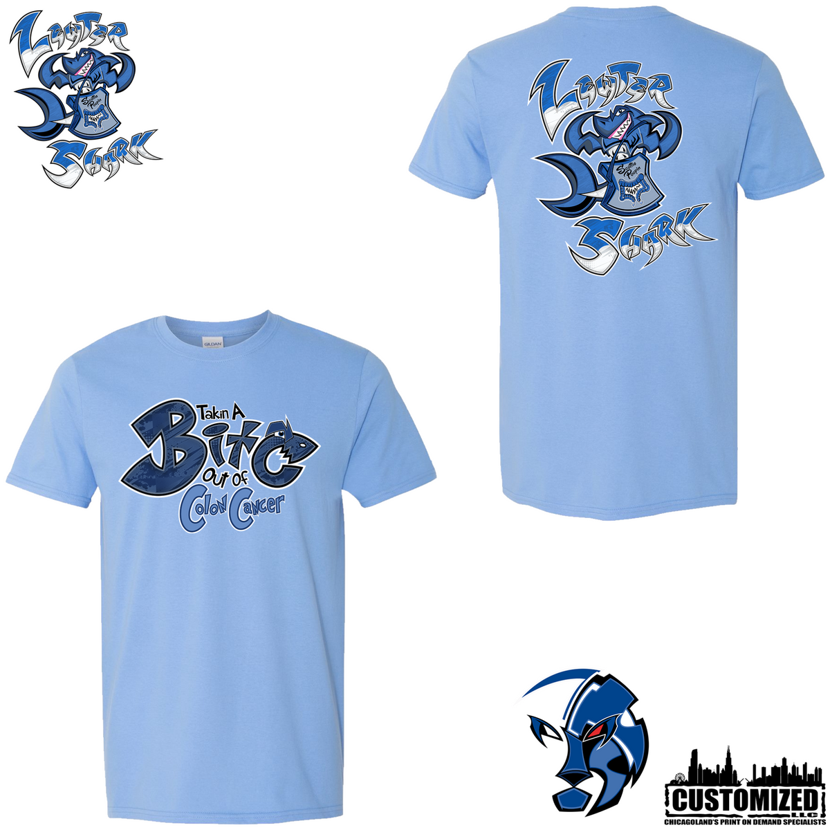 The Lewter Shark T-shirt - Carolina Blue, front and back mockup