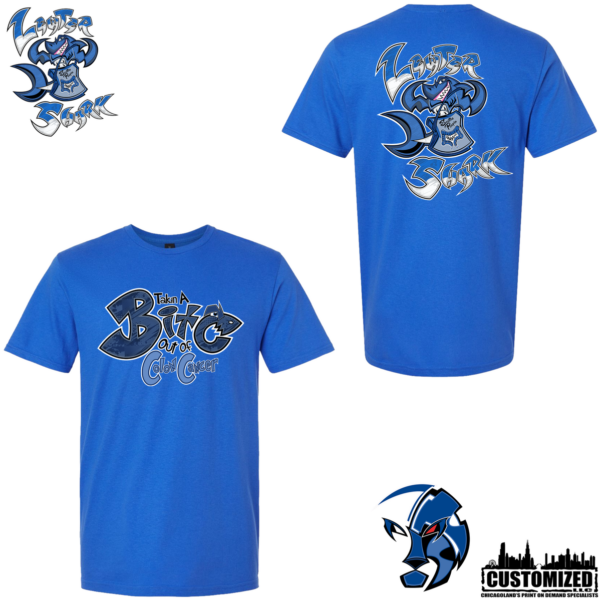 The Lewter Shark T-shirt - Royal, front and back mockup