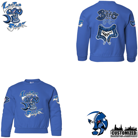 The Lewter Shark YOUTH crewneck sweatshirt - Royal, front and back mockup