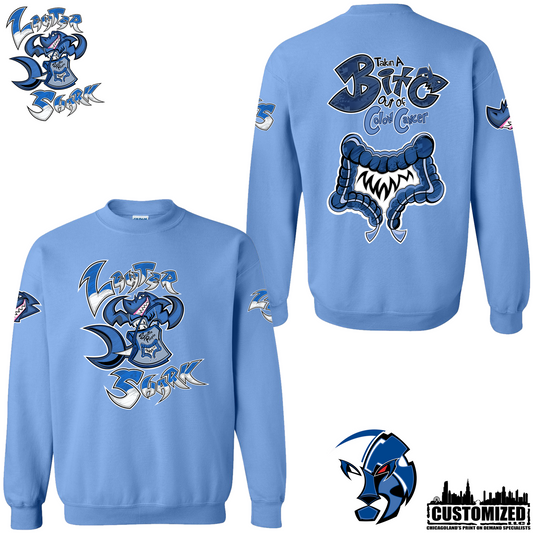 The Lewter Shark crewneck - Carolina Blue, front and back mockup