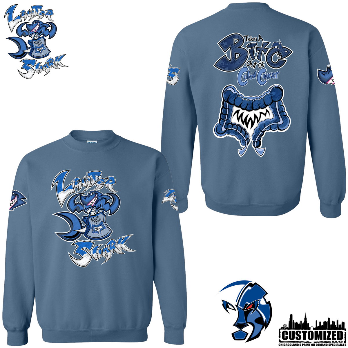 The Lewter Shark crewneck - Indigo Blue, front and back mockup