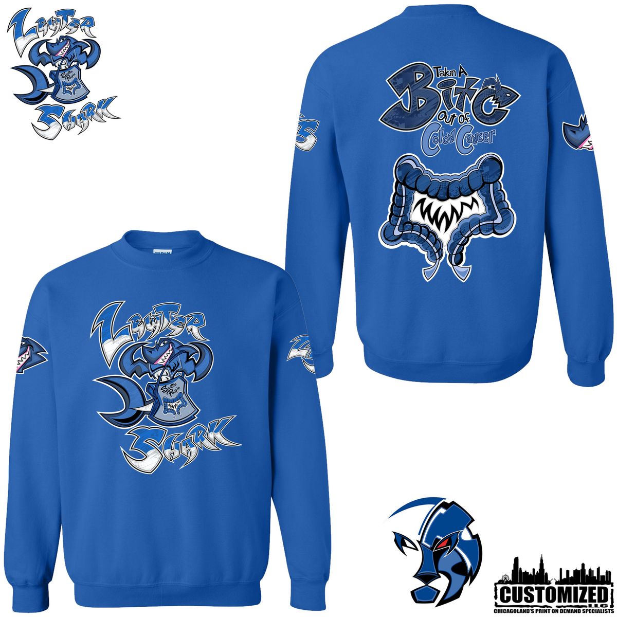 The Lewter Shark crewneck - Royal, front and back mockup