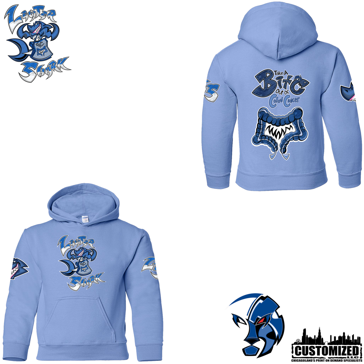The Lewter Shark YOUTH Pullover Hoodie - Carolina Blue, front and back mockup