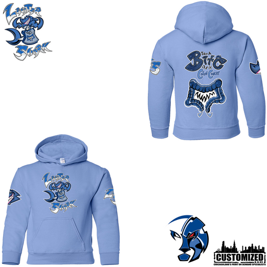 The Lewter Shark YOUTH Pullover Hoodie - Carolina Blue, front and back mockup