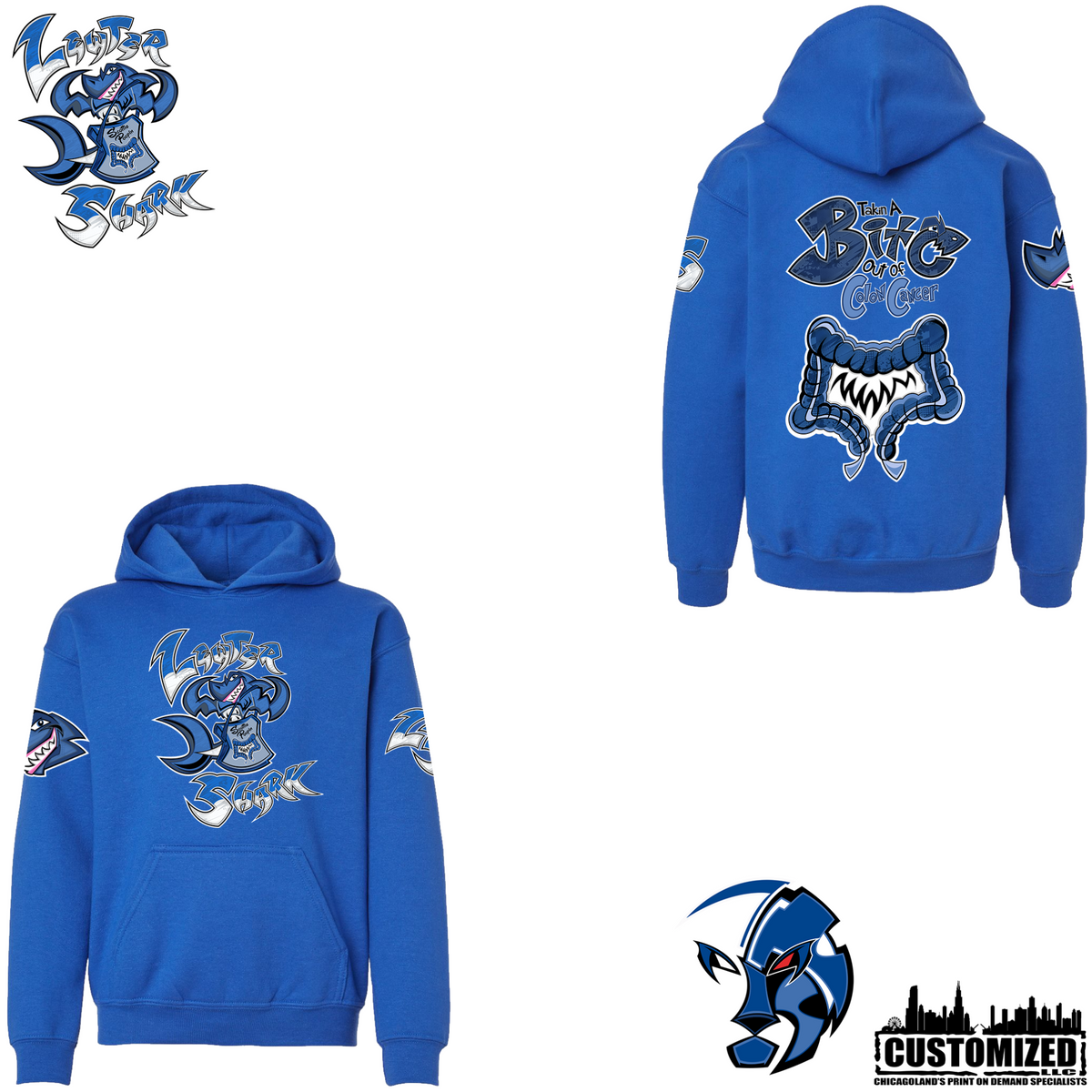 The Lewter Shark YOUTH Pullover Hoodie - Royal, front and back mockup
