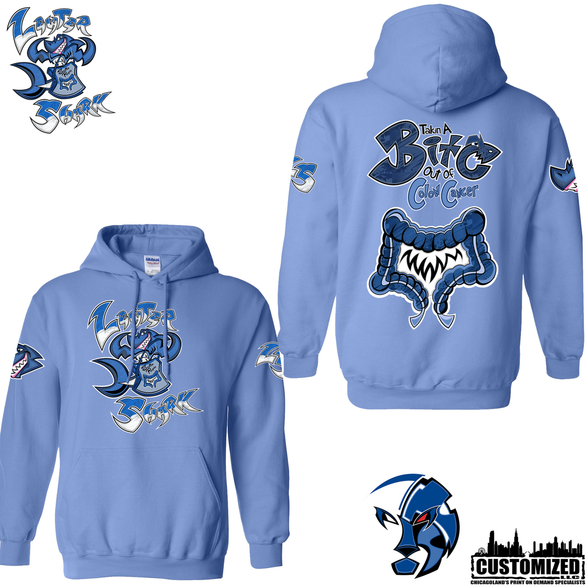 The Lewter Shark hoodie - Carolina Blue, front and back mockup