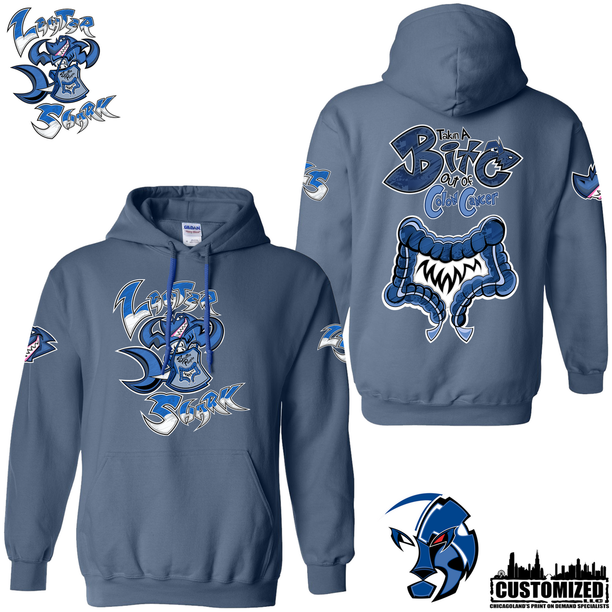 The Lewter Shark hoodie - Indigo Blue, front and back mockup