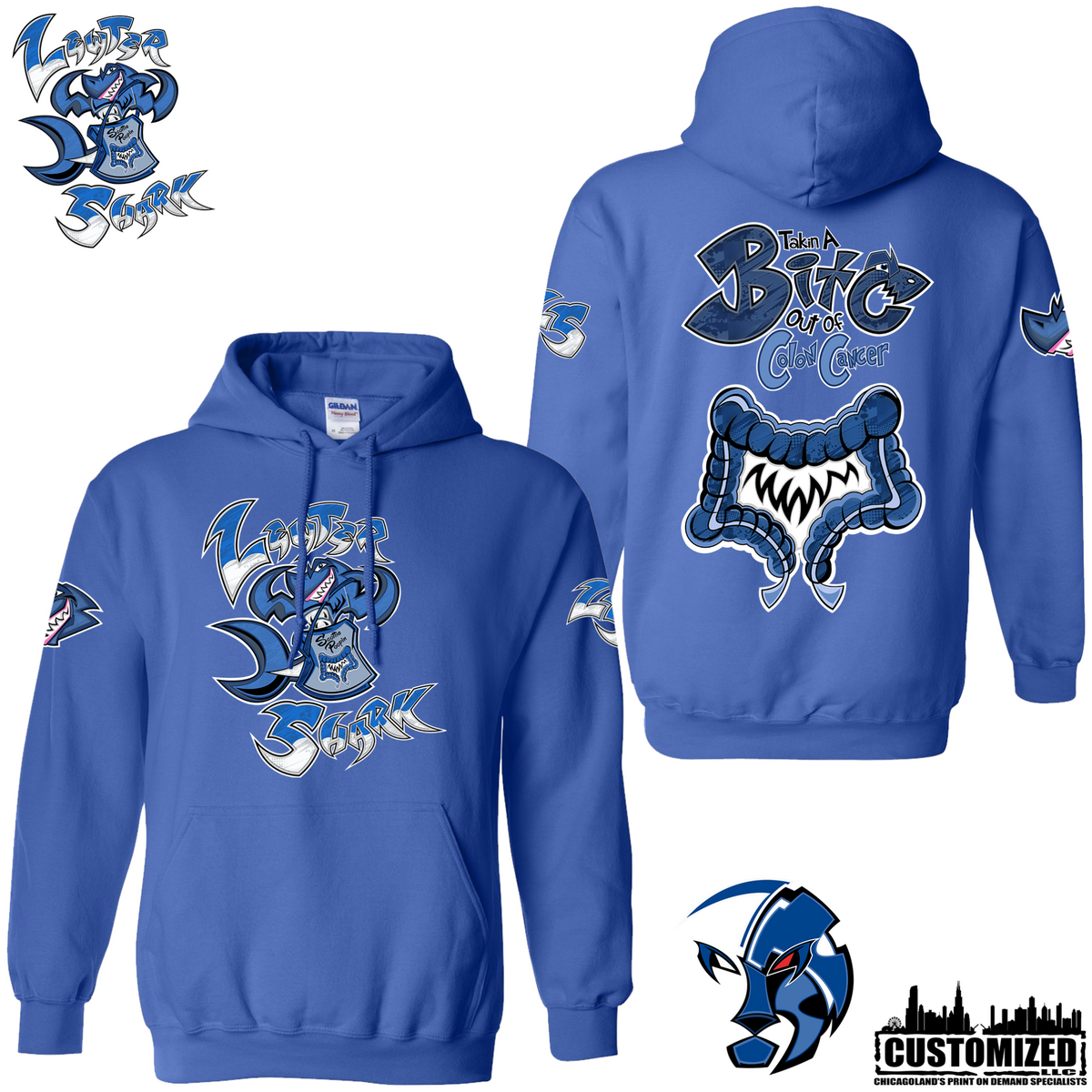 The Lewter Shark hoodie - Royal, front and back mockup