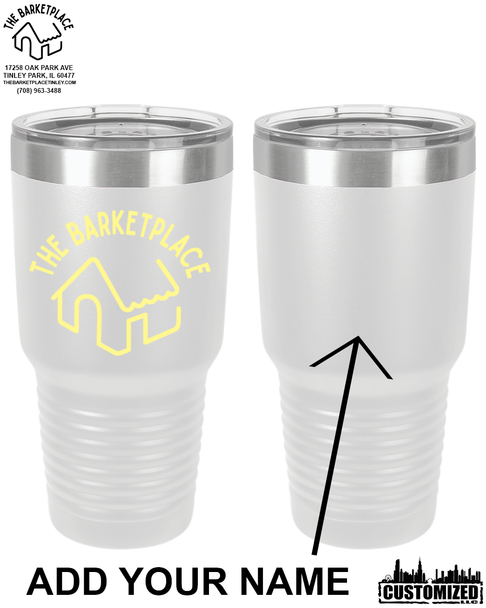 The Barketplace 30oz. Stainless Steel Tumbler (Yellow logo) - White