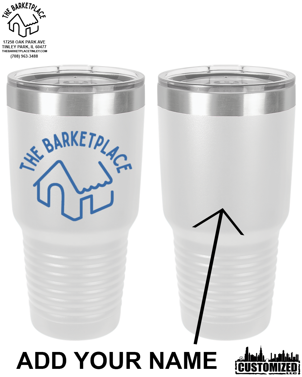The Barketplace 30oz. Stainless Steel Tumbler (Blue logo) - White